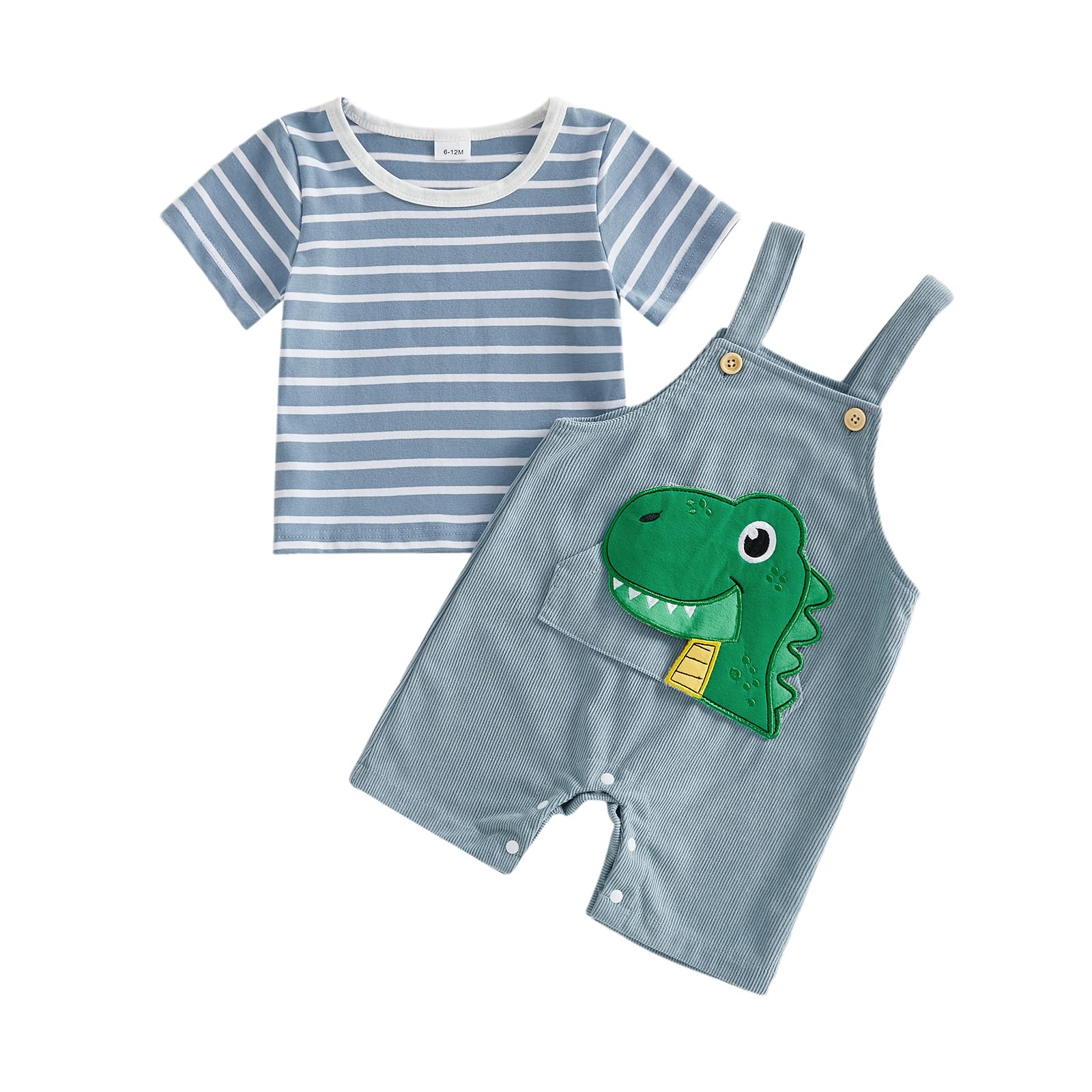 2Pcs Ensemble Bébé Garçon, Tenue Bébé Garçon Décontracté, T-shirt Rayé à Manches Courtes/Longues + Salopette Brodée Dinosaure pour Nouveau-né