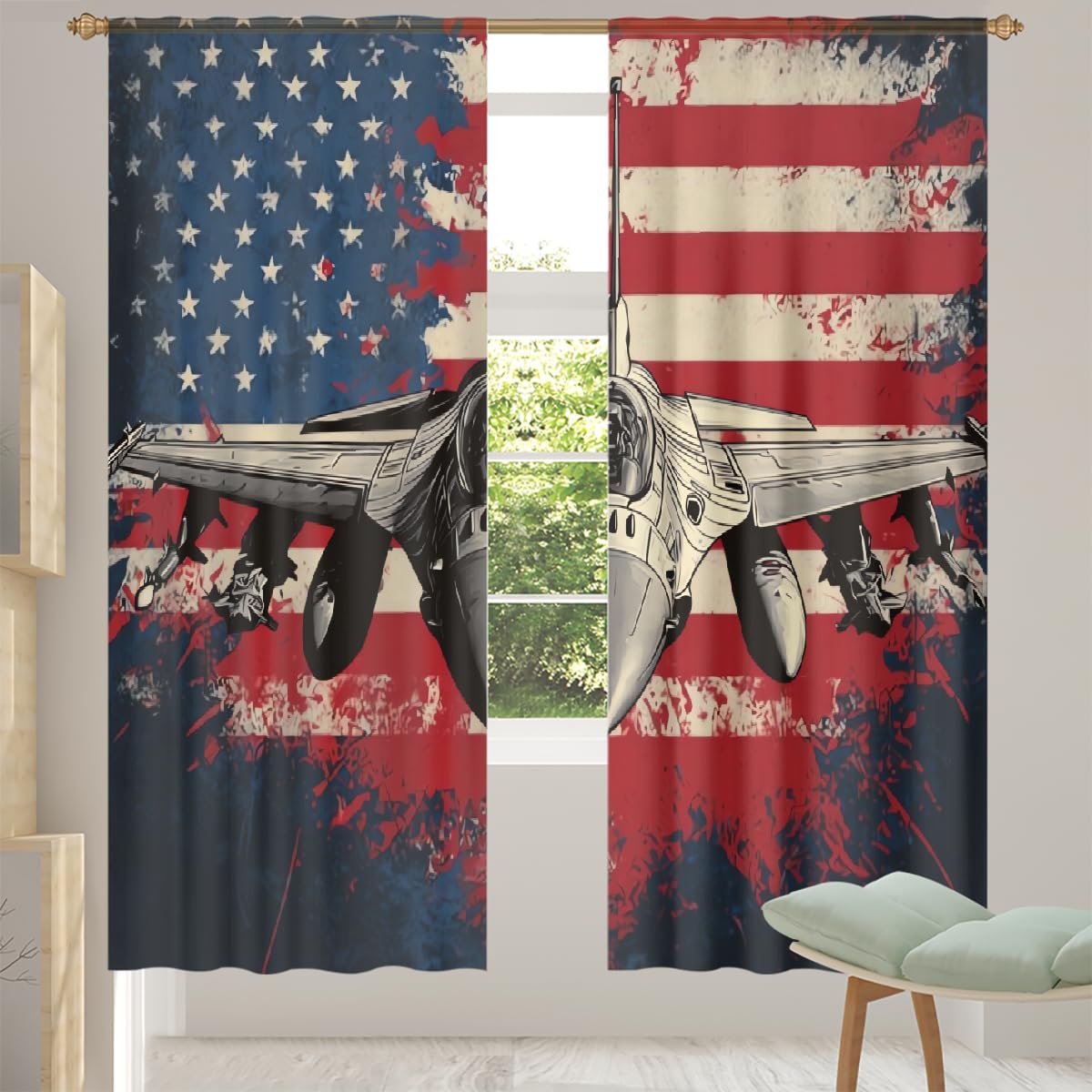 Tende in voile per soggiorno, camera da letto, finestre, 2 pannelli, tasca per asta, semi trasparente, tenda trasparente con bandiera del jet usa e bandiera dell'indipendenza, 140 x 213 cm x 2