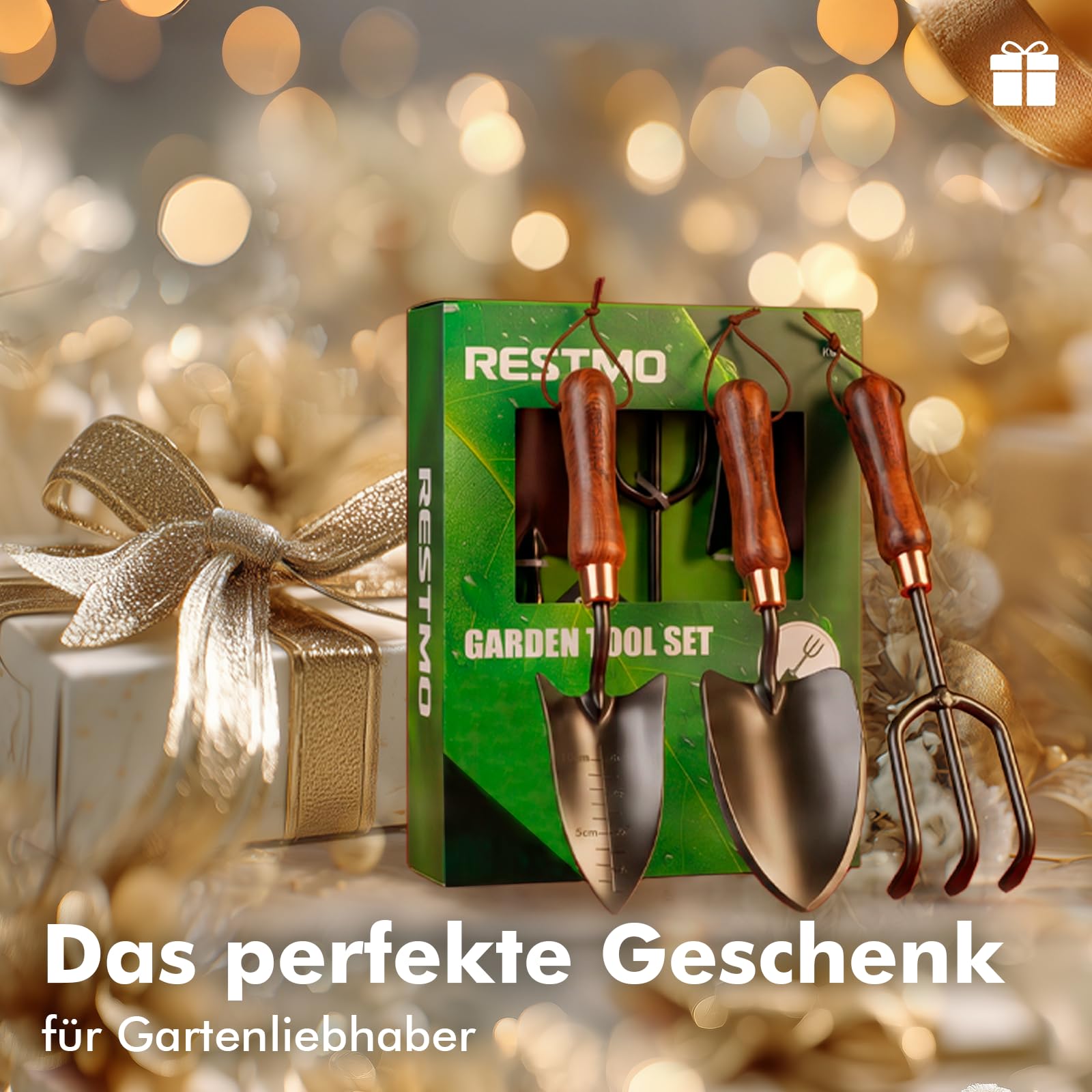RESTMO 3-teiliges Gartengeräte-Set, Gartenwerkzeuge aus Kohlenstoffstahl mit Holzgriff, inklusive Gartenschaufel, Pflanzkelle und Gartenkralle, Geschenk für Gartenliebhaber