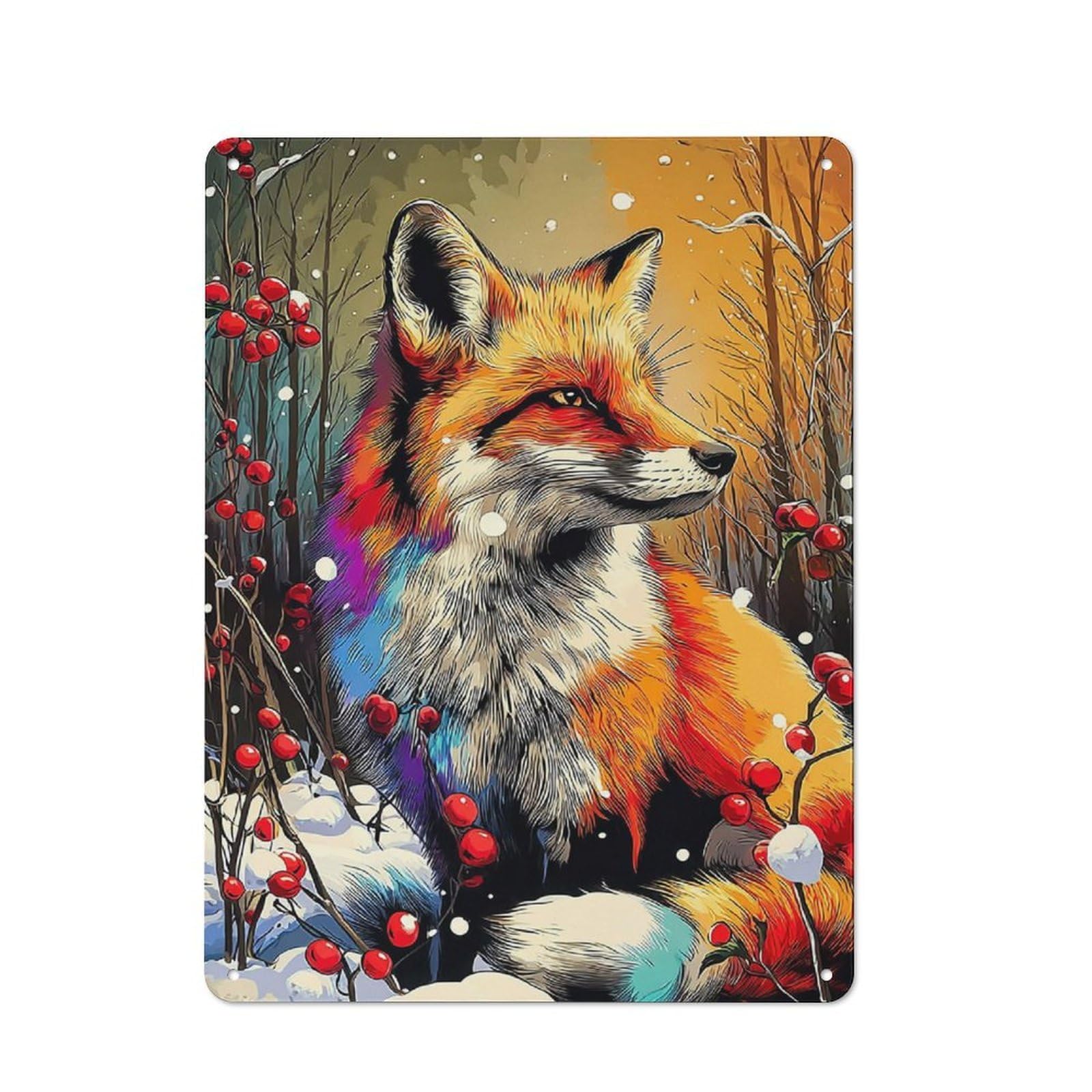 Junmoney Rainbow Fox In Winter Wonderland 40X30cm Rustic Tin Sign With For Living Room Or Hallway, For Vintage Wall Decor Fans, For Themed Room Decoration