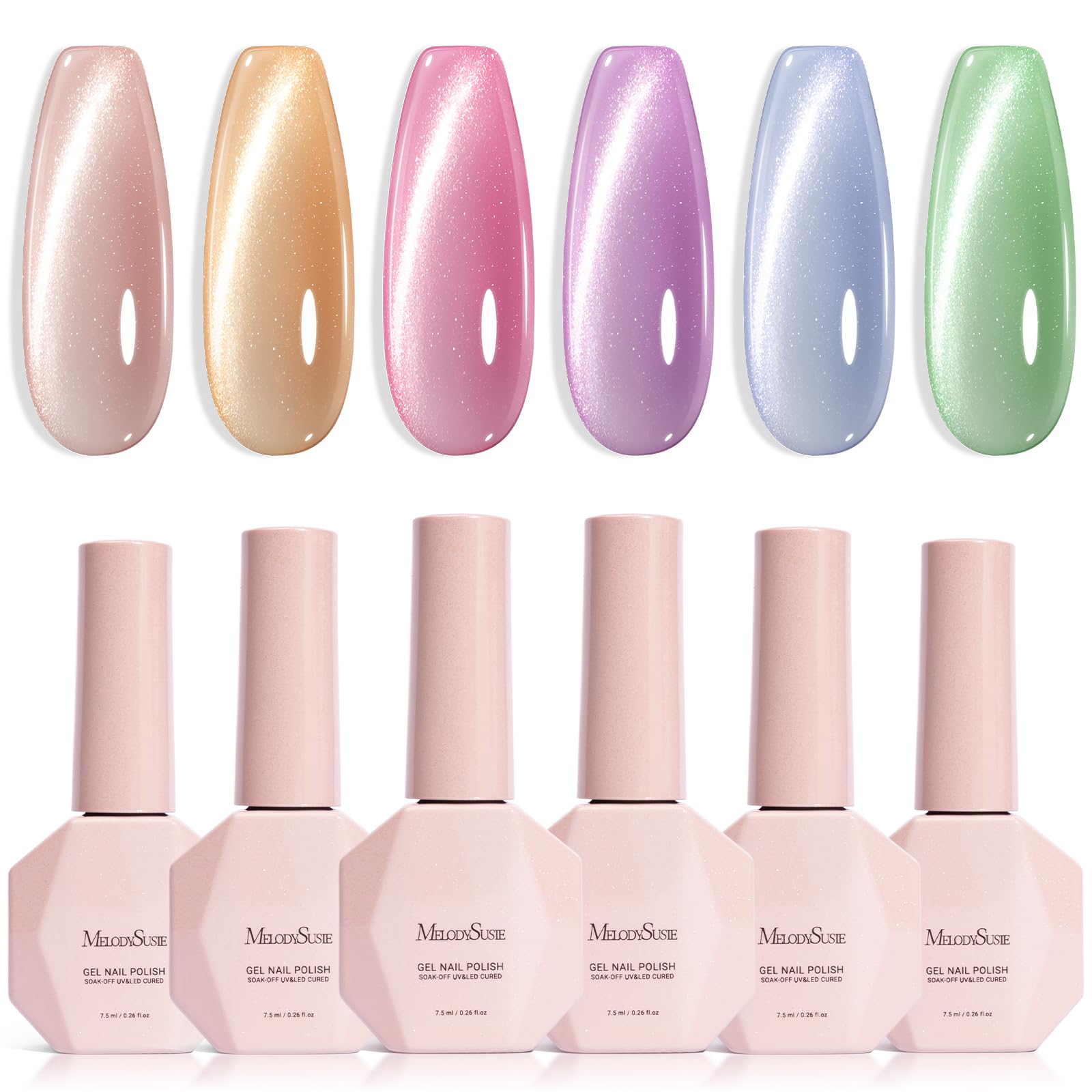 MelodySusie Macaron Pink Blue Cat Eye Set Cat Eye Gel Nail Polish Set 6 Pcs, 0.26 Fl Oz Glitter Holographic Magnetic Nail Polish with Magnet, UV Nail Polish for Nail Art Manicure Salon DIY at Home Macaron Cat Eye Set