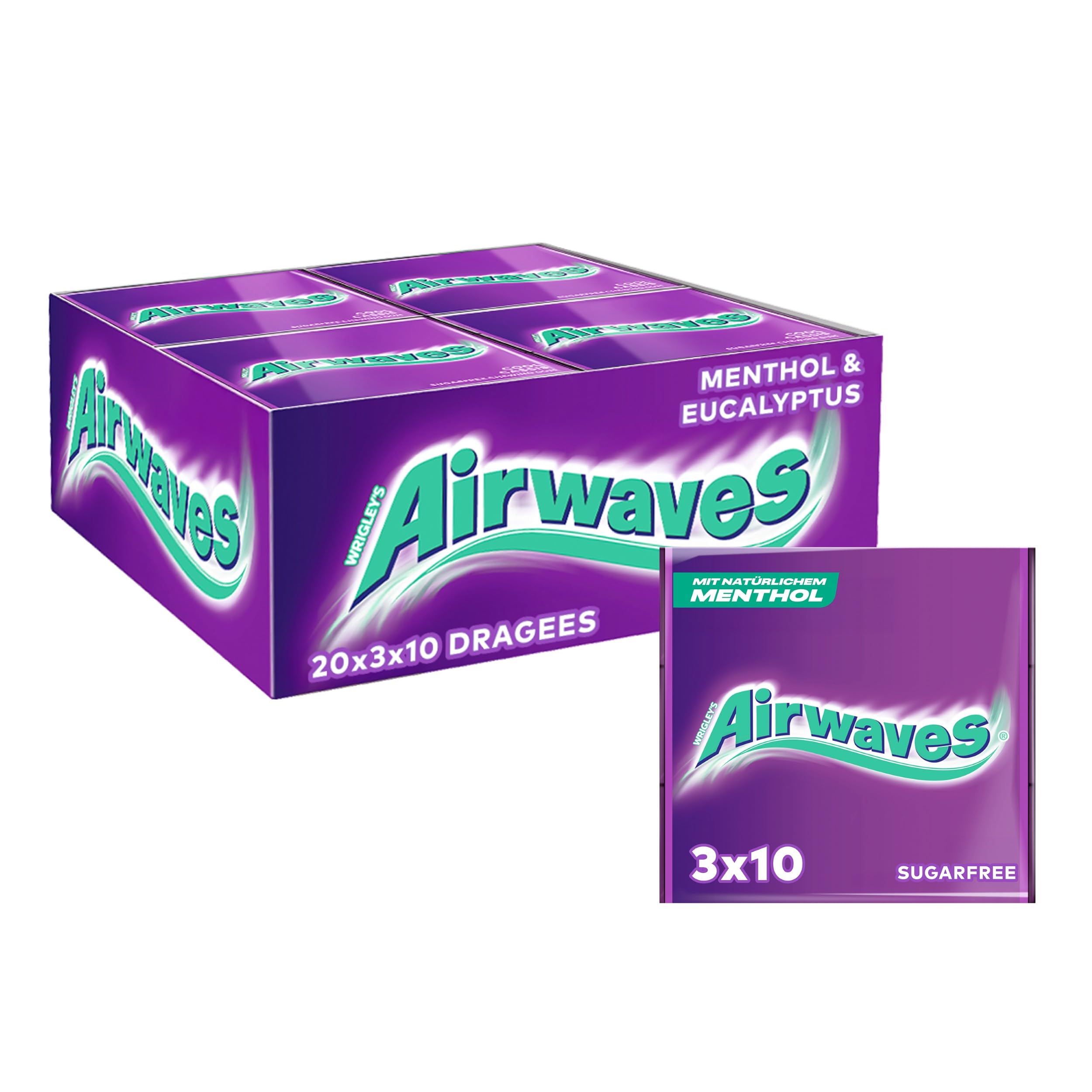 Airwaves Kaugummi | Cool Cassis | Lila, zuckerfrei | 20 x 3 Packungen (20 x 3 x 10 Dragees)
