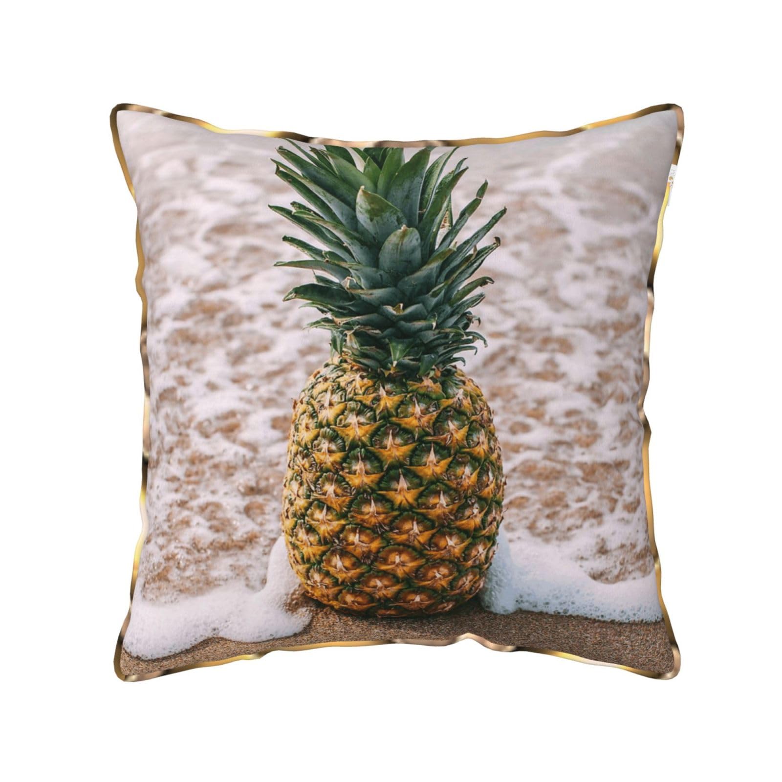 AUBKFELD pineapple on beach Printed Velvet Cushion Cover 50x50 CM with Gold Edging Strip, Square Pillowcase Soft Throw Pillow Covers Case Decorative for Living Room Sofa Couch Bed Bench