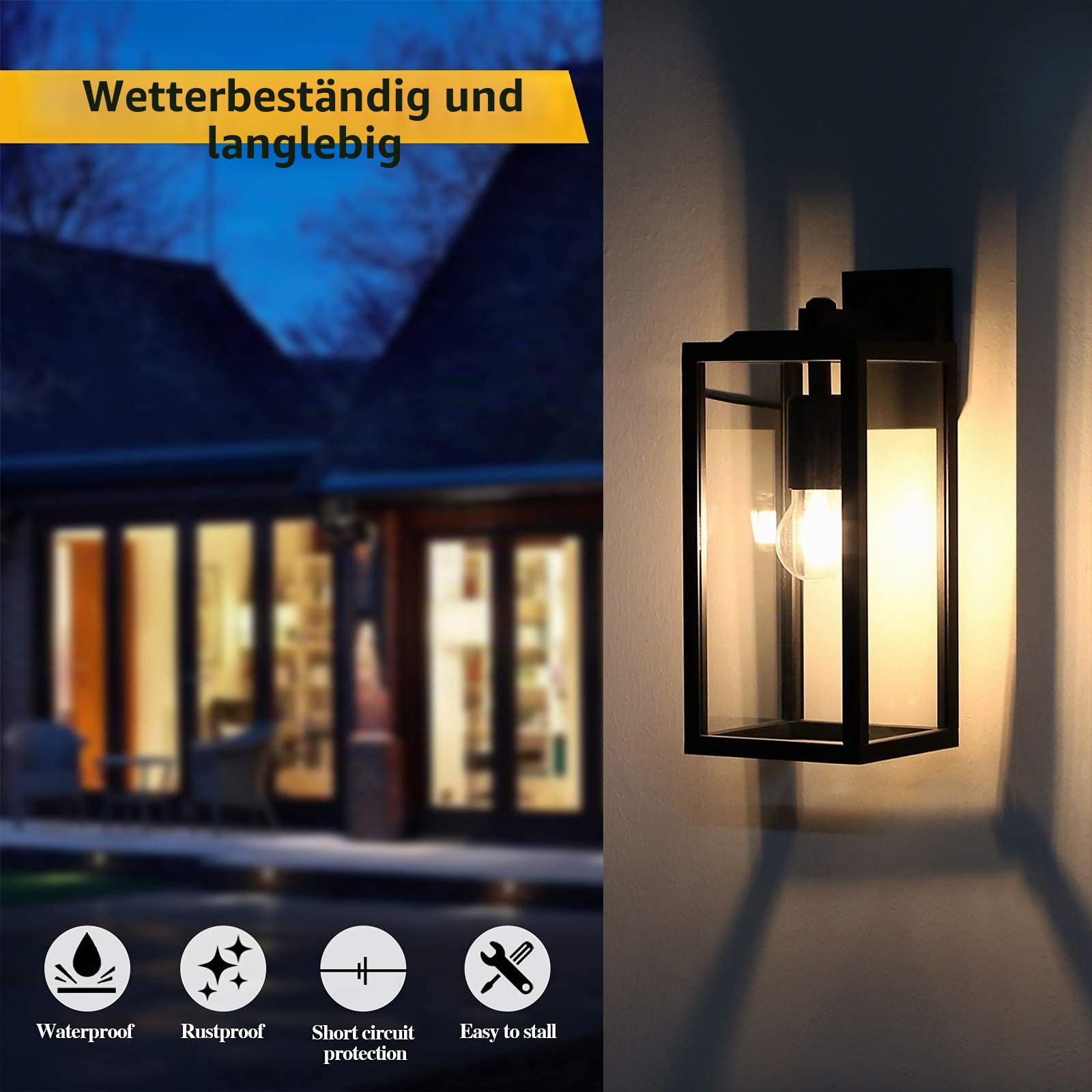 HLFVLITE Außenwandleuchte aus Metall in Mattschwarz und klaren Glas, 1-flammige Wandlampe Außenleuchte Alumniumguss IP44 Wasserdicht Max. 60W E27 Fassung