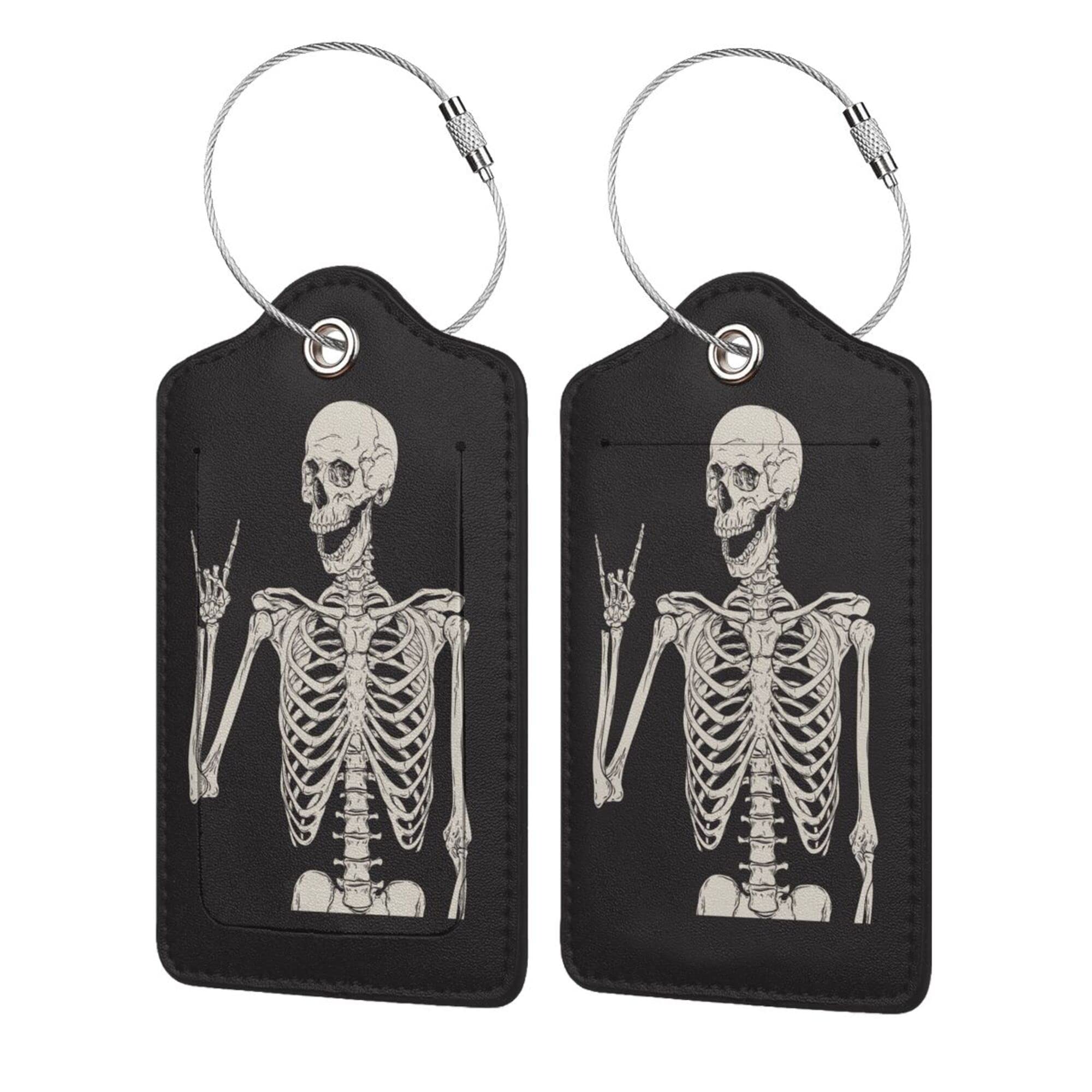 BLOCIT 2 Pack PU Leather Luggage Tags with Privacy Cover & Stainless Steel Loop, ID Labels for Suitcases & Travel Bags Skull Human Skeleton