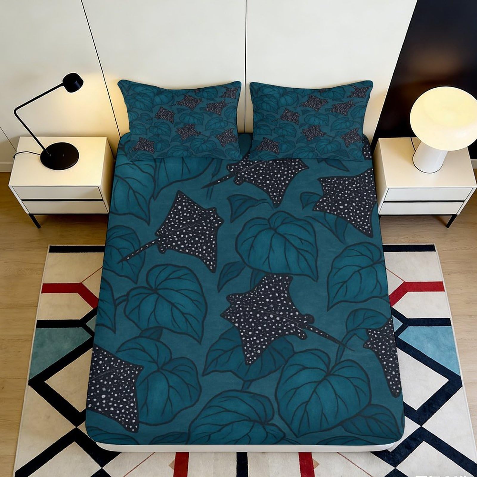 3D Printed Tropical Leaves Fitted Sheet Microfiber Deep Pocket Bedroom Bedding Non-Slip Botanical Mattress Fitted Cover 200x200x25cm