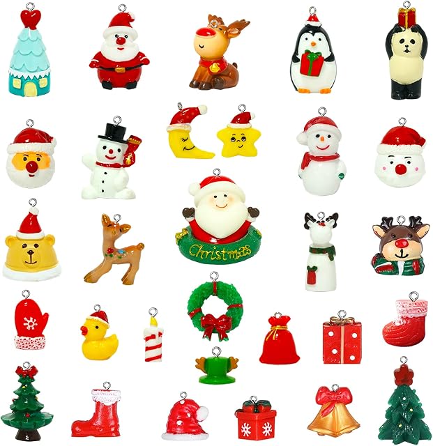3D Mini Christmas Tree Ornaments Set - 30pcs Miniature Christmas Figurines with Hook Strings, Resin Christmas Ornaments with Santa Claus Snowman for DIY Craft Snow Globes Christmas Tree Decoration