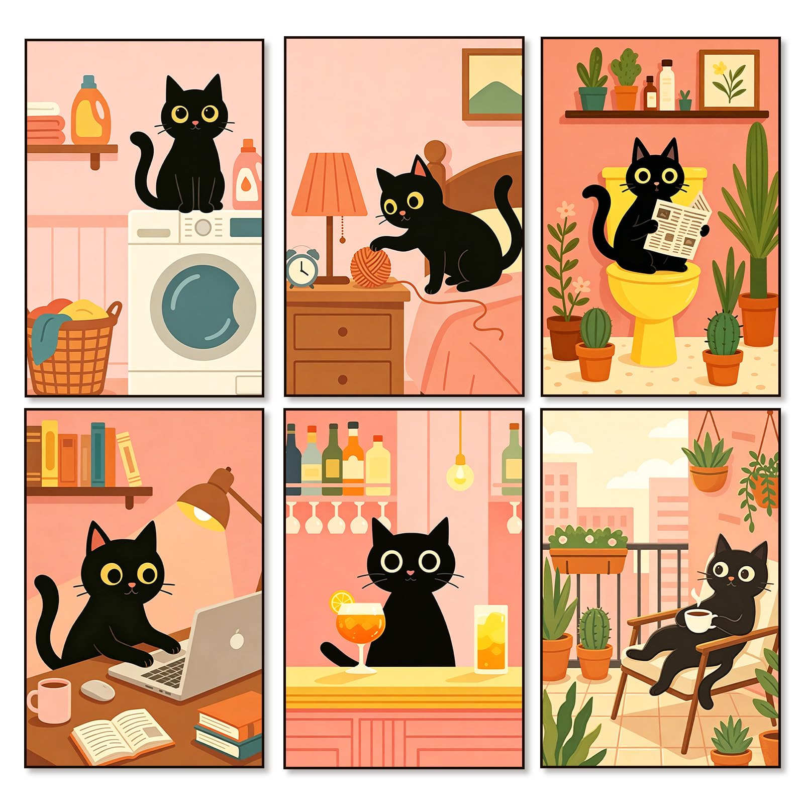 6 Pack Paint by Numbers for Adults, Funny Black Cat Painting Kit, 8x12 Inch