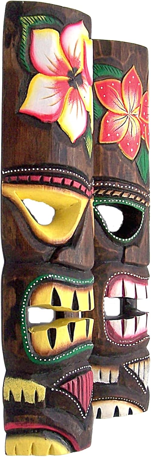 Wowser Hand Crafted Hawaiian Style Floral Tiki Masks, Wall Décor, Set of 2 Assorted Designs, Approximately19 Inches