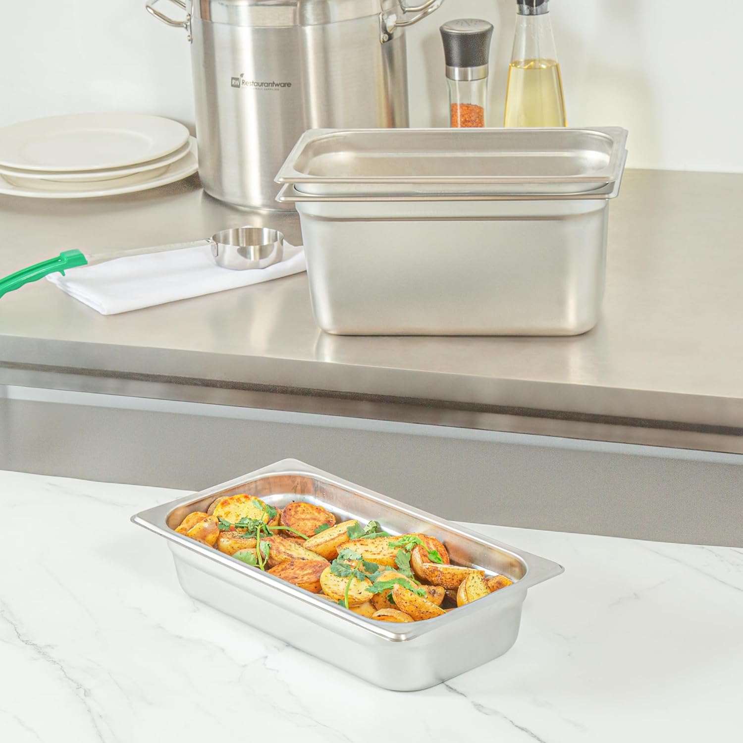 Restaurantware-Kitchen Tek 1/3 Size Steam Table Pans, 12 Anti-Jam Steam Pans - Lids Sold Separately, 2.5” Deep, 24 Gauge Stainless Steel Hotel Pan, Freezable, For Catering Events And Parties