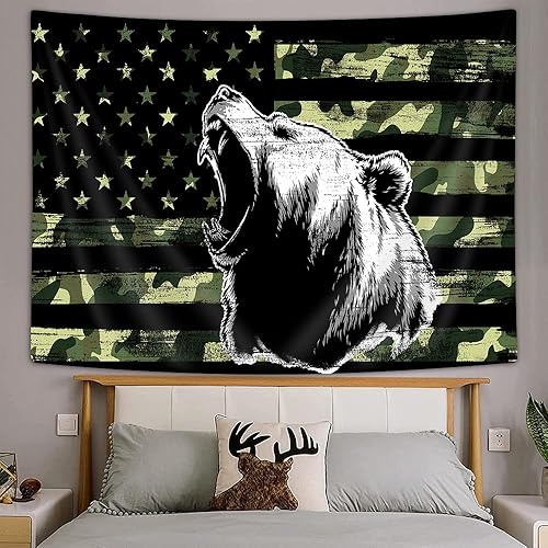 Miniatura 8 de VEIGIKE Tapiz de oso de bandera estadounidense de país, tapiz rústico de caza de oso de bajo camuflaje blanco y negro para colgar en la pared para