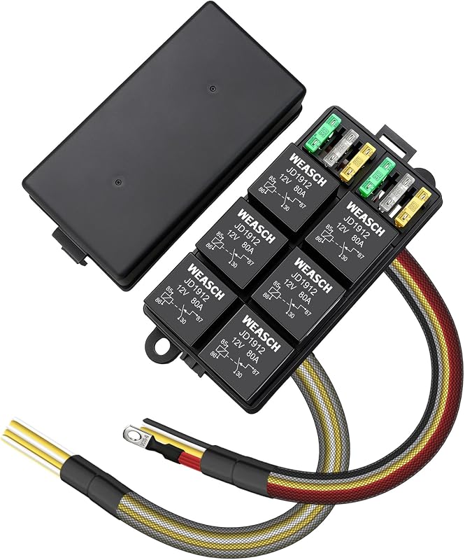 Caixa de Relés 12 V Weasch com 6 Relés 80 A, 6 Fusíveis ATC/ATO e Chicote Pré-cabeado – 1 unidade