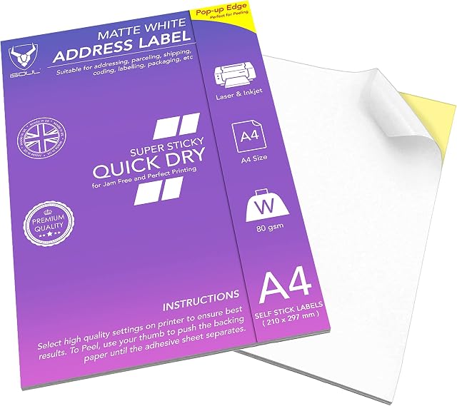 50 Sheets of Quality A4 Printer Labels White Matte Self Adhesive/Sticky Back Address Label Printing Sheet, Printable Sticker Paper [Quickdry]