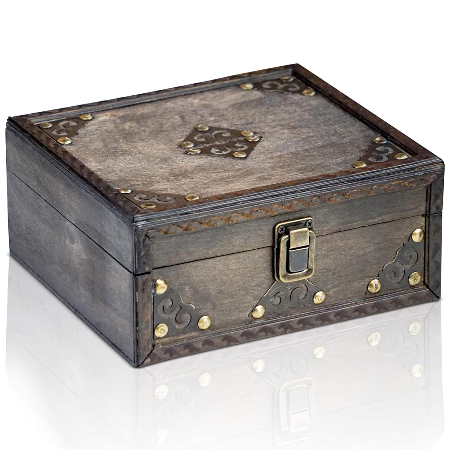 Brynnberg Treasure Chest Monk 20 x 18 x 9 cm - Treasure Chest Flat Wood Grey Waxed with Lid Closure Metal Decoration Pirate Chest Storage Box Small