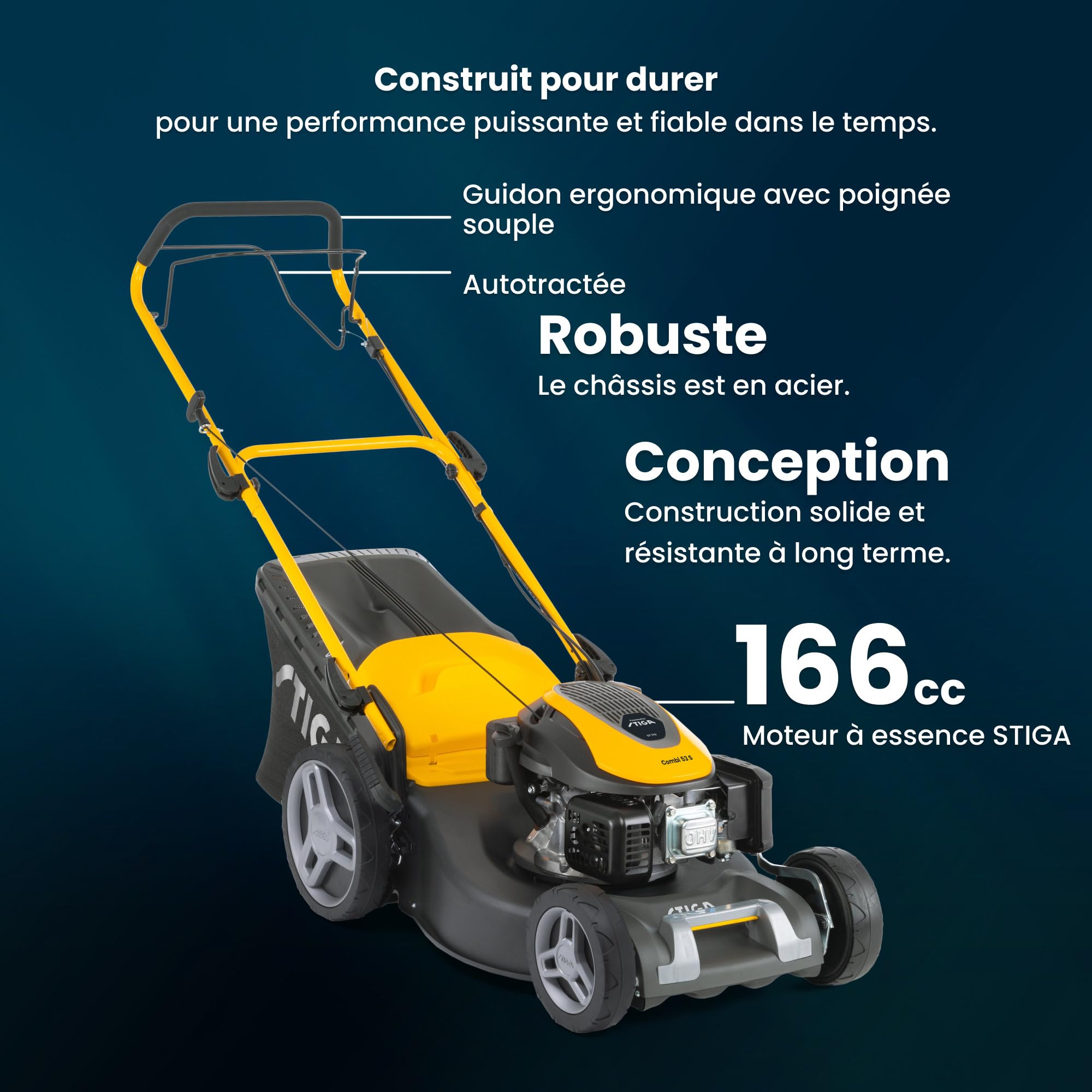 STIGA Combi 53 S a Tondeuse Thermique, 166 CC, 51 cm – Bac 60 l, Système 3-en-1 – Pelouses Moyennes et Grandes