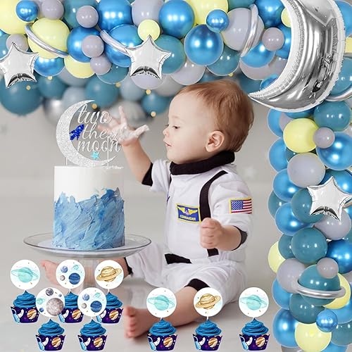 Miniatura 4 de 94 decoraciones de fiesta de segundo cumpleaños con temática espacial con dos carteles de la luna, globos de aluminio de luna plateada y estrellas,