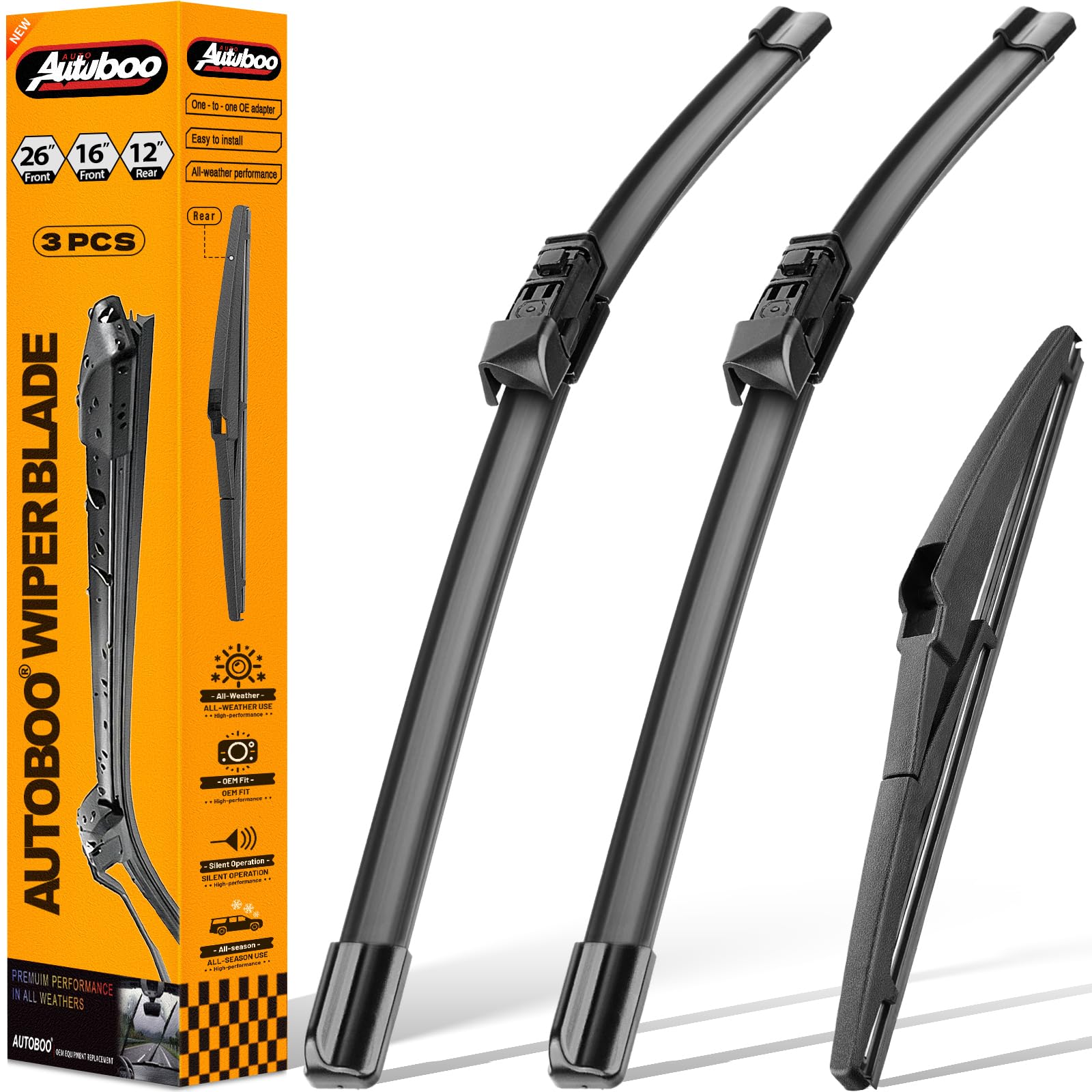 AUTOBOO 26"+16" Windshield Wipers with 12" Rear Wiper Blade Replacement for Lexus NX200t NX300 NX300h 2015 2016 2017 2018 2019 2020 2021 -Original Factory Quality (Pack of 3)