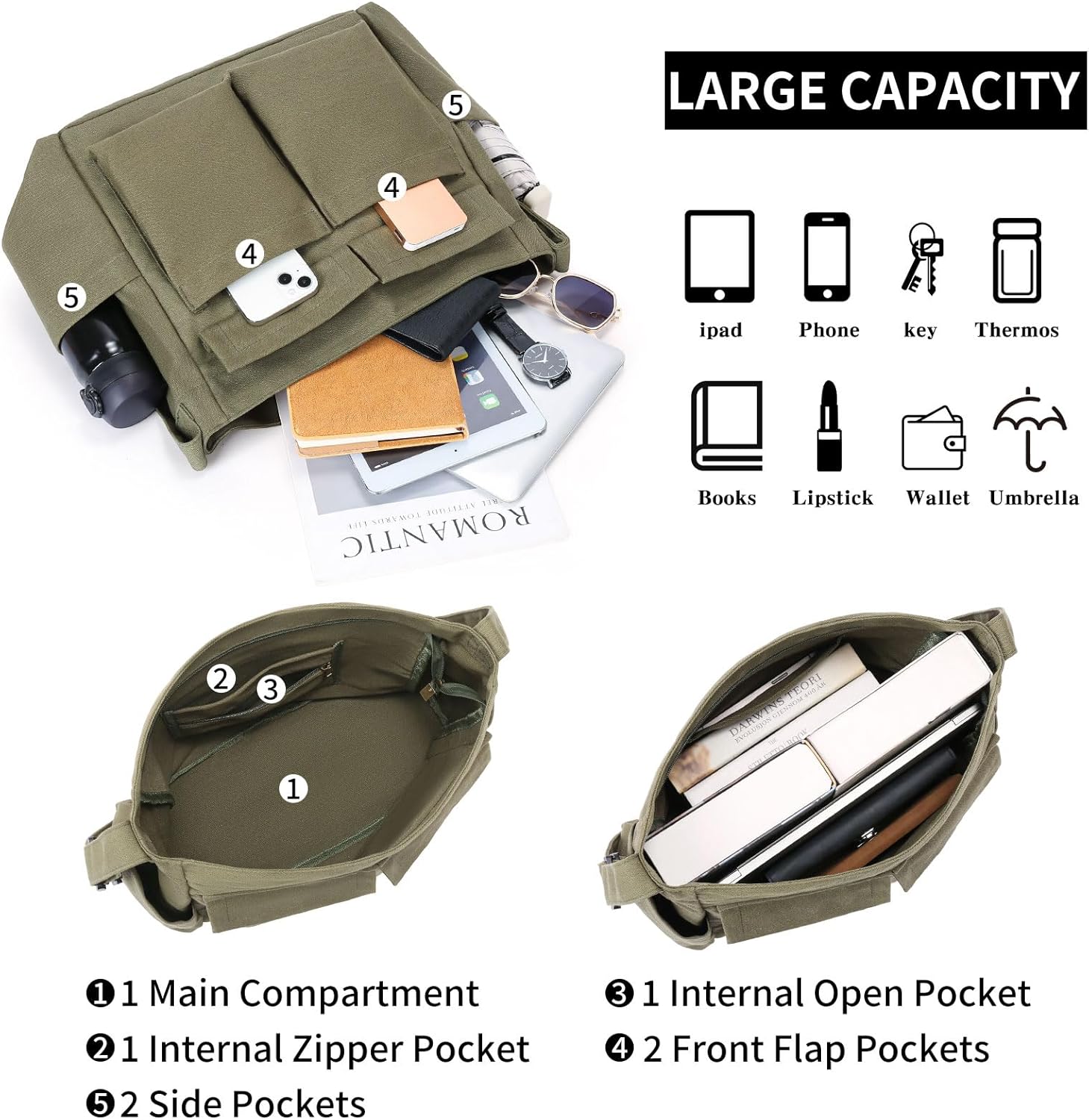 Canvas Tote Bag for Women Casual Hobo Crossbody Shoulder Bag Large Purse Messenger Bag with Zipper Travel Work - Image 4