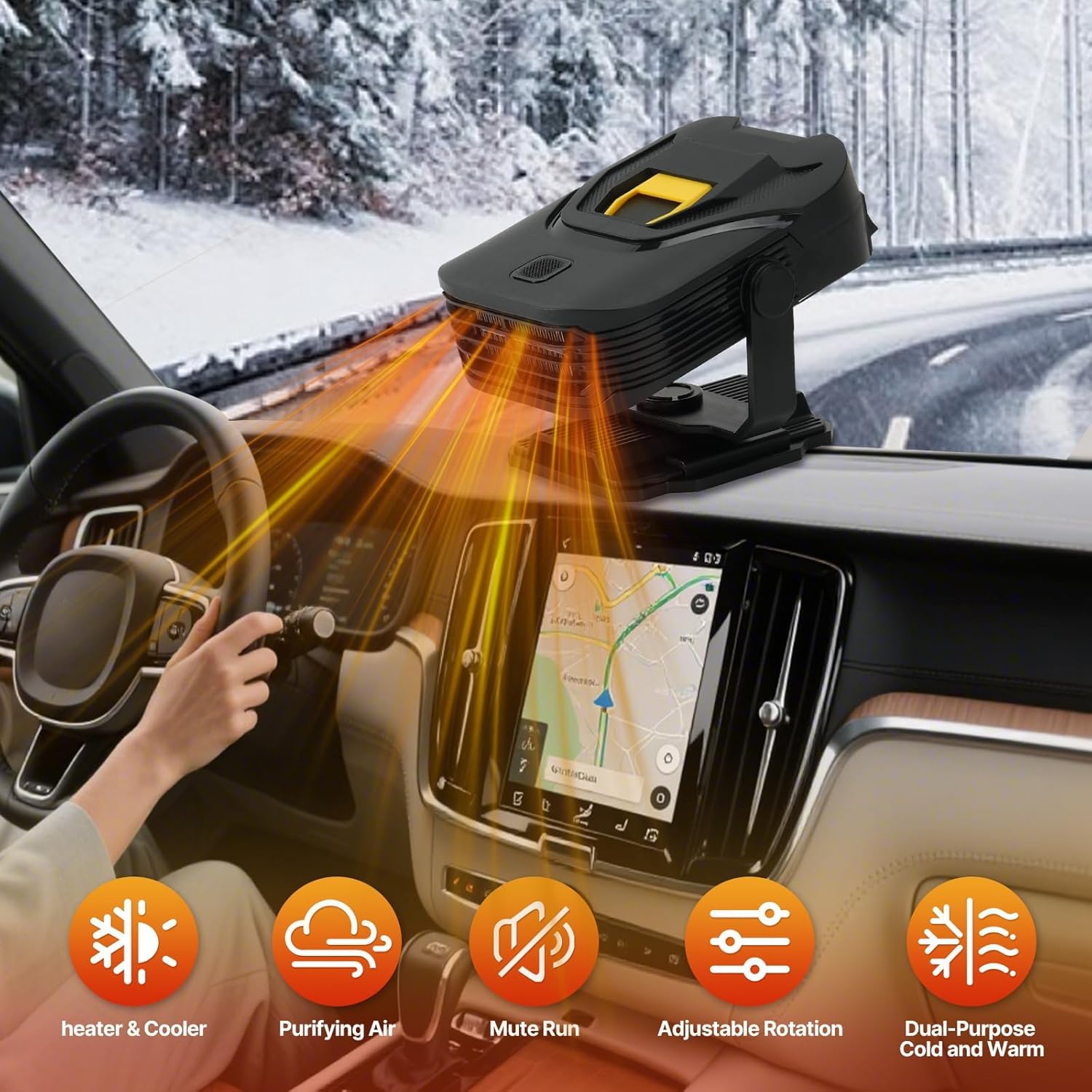 Chauffage de voiture, 2 en 1 Chauffage et refroidissement rapide avec dégivrage et désembuage, support à aspiration à rotation 360°, prise allume-cigare pour tous les pare-brise de voiture