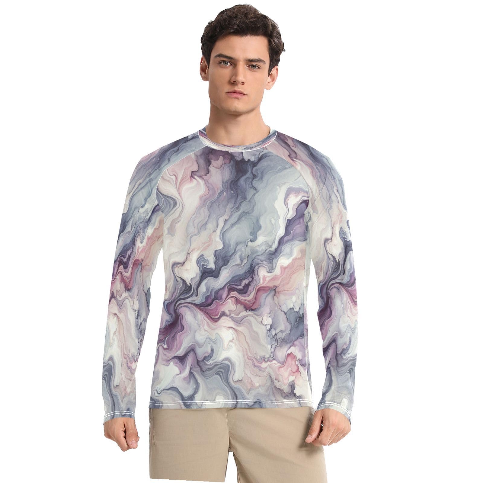 Bulletgxll Watercolor Marble Texture Men's Sun Protection Shirts UPF 50+ Long Sleeve UV Rash Guard Quick Dry Swim Shirts