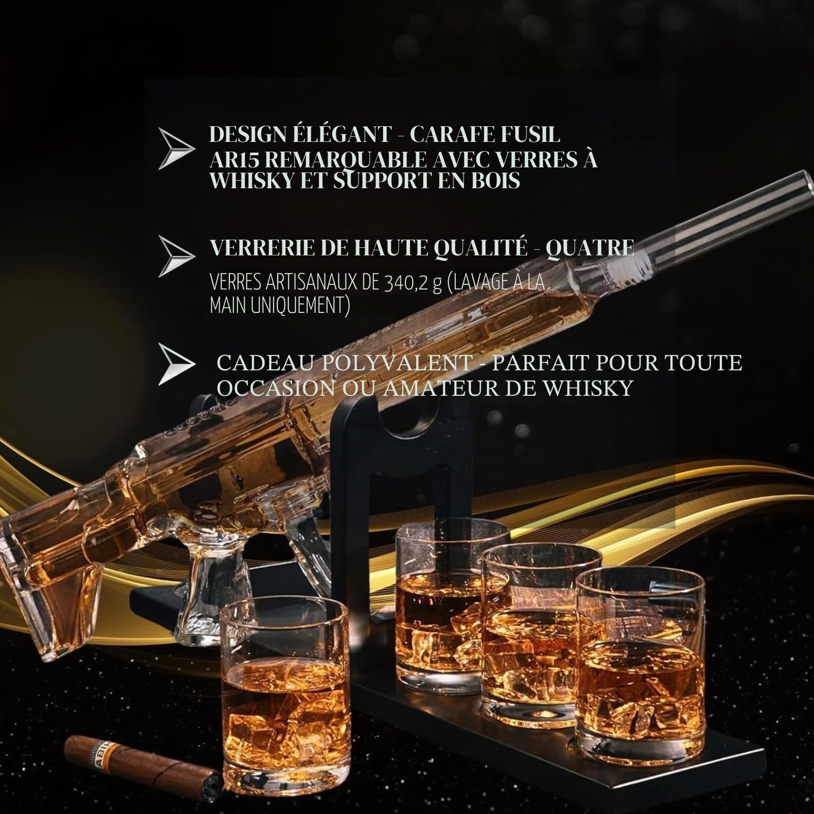 The Wine Savant Ensemble de carafe à whisky AR15 - Édition limitée, bouchon silencieux-800 ml et 4 verres à balles de 12 oz - Carafe à liqueur pour pistolet faite à la main, Tik Tok