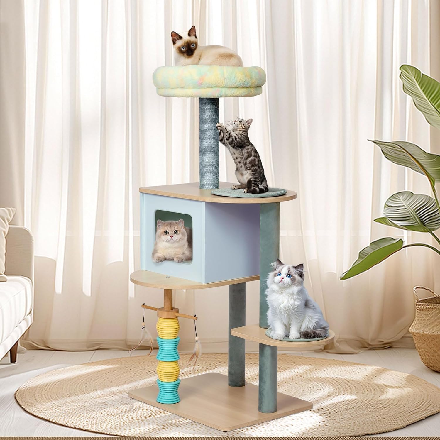 49.2" Cat Tree Tower for Large Cats - 5-Level Solid Wood Cat Condo with Sisal Scratching Posts, Plush Perch & Feather Toys | Multi-Cat Friendly, Sturdy Construction (M+)