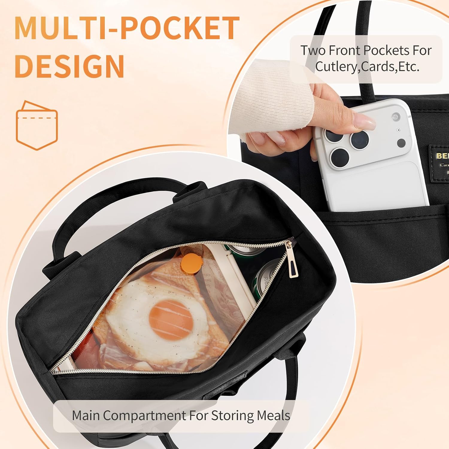 Lunch Bag for Women & Men Insulated,Large Capacity Leakproof Cooler Bag with Pockets,Lunch Box for Work Picnic,Black