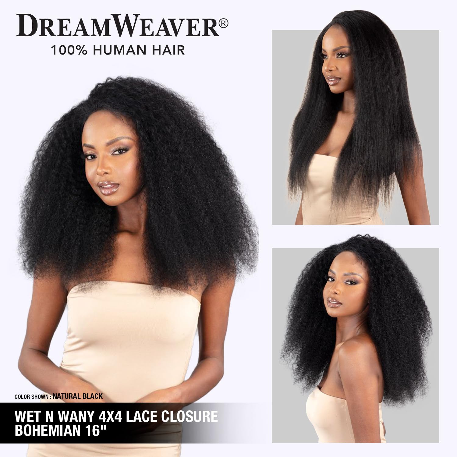 DREAMWEAVER ModelModel Virgin Human Hair Dream Weaver Wet n Wavy 4X4 Lace Closure Bohemian 16" (NATURAL)