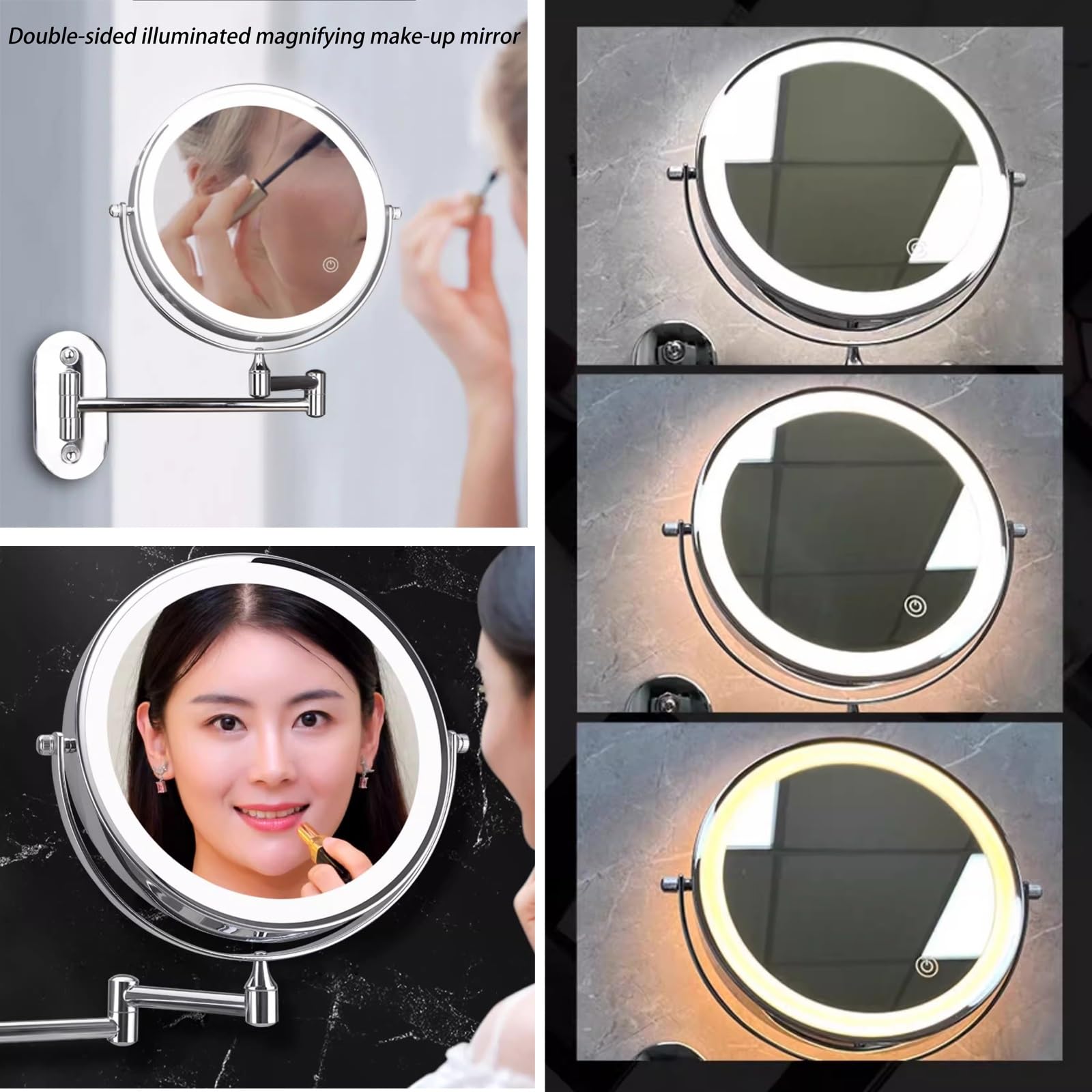 Specchio Da Trucco Ricaricabile Illuminato Da Parete, Specchio Ingranditore A Doppia Faccia 1X/3X, Opzione 3 Luci Dimmerabile, Specchio Estensibile Da Bagno(Noir)