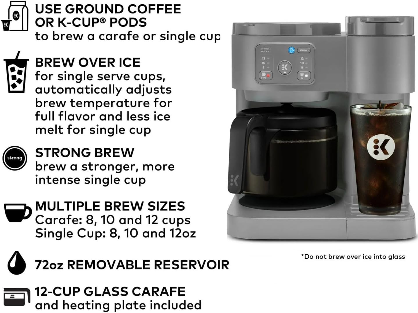 K-Duo Essentials Hot & Iced Coffee Maker Single Serve KCup Pod & 12-Cup Glass Carafe Dual Brew System 72oz Reservoir (MOONLIGHT GREY)