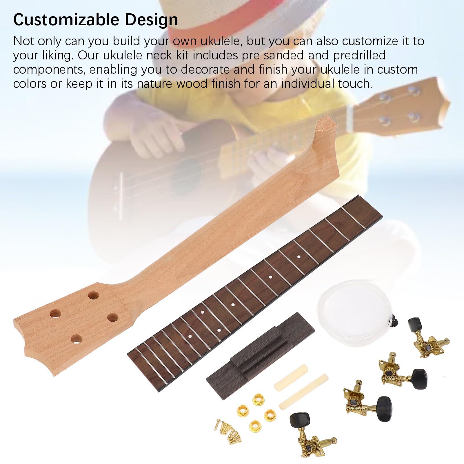 Kit per la Costruzione del Manico Dell'ukulele Artigianale, Set di Manopole e Ponticelli per Tastiera in Palissandro il Divertimento della Famiglia