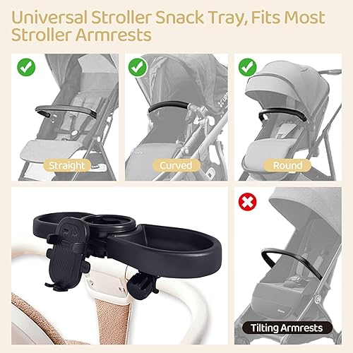 Miniatura 5 de Accesorio universal 4 en 1 para bandeja de aperitivos para cochecito con taza, soporte para teléfono y diseño giratorio de 360 accesorio de viaje