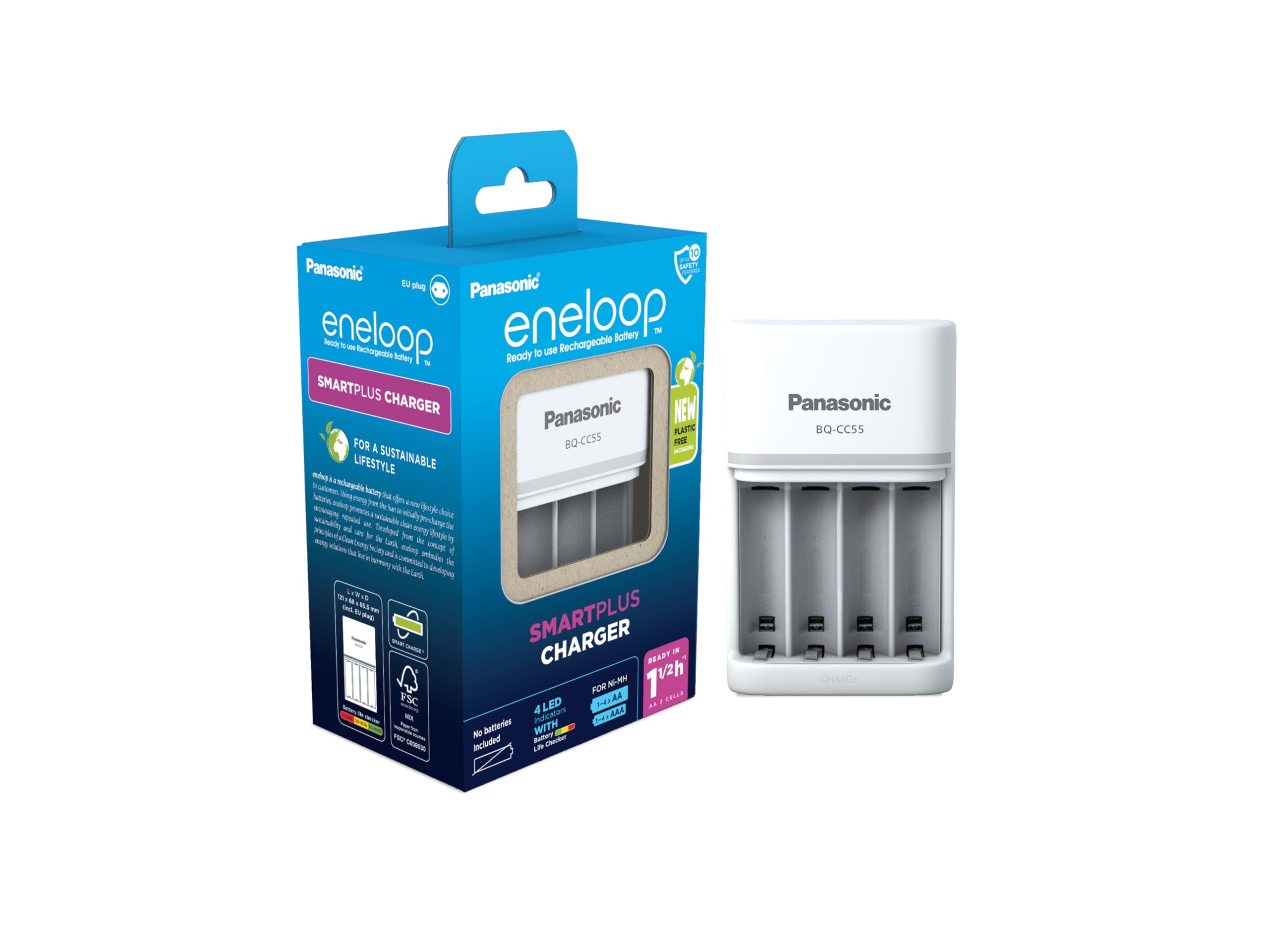 eneloop Caricabatterie SmartPlus per Batterie AA/​AAA Ni-​MH, 1-​4 Batterie, con 10 Funzioni di Sicurezza, Ricarica Rapida 1,​5 Ore
