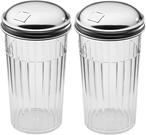 Vertedores de azúcar de plástico de 12 oz con tapa de acero inoxidable, paquete de 2 (12.2 fl oz)