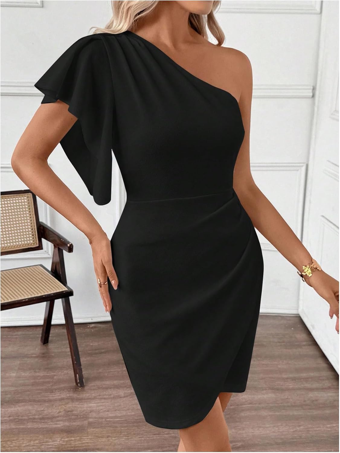 SweatyRocks Women's Elegant One Shoulder Cocktail Dress Ruffle Sleeve Wrap Bodycon Classy Party Dresses - Image 4