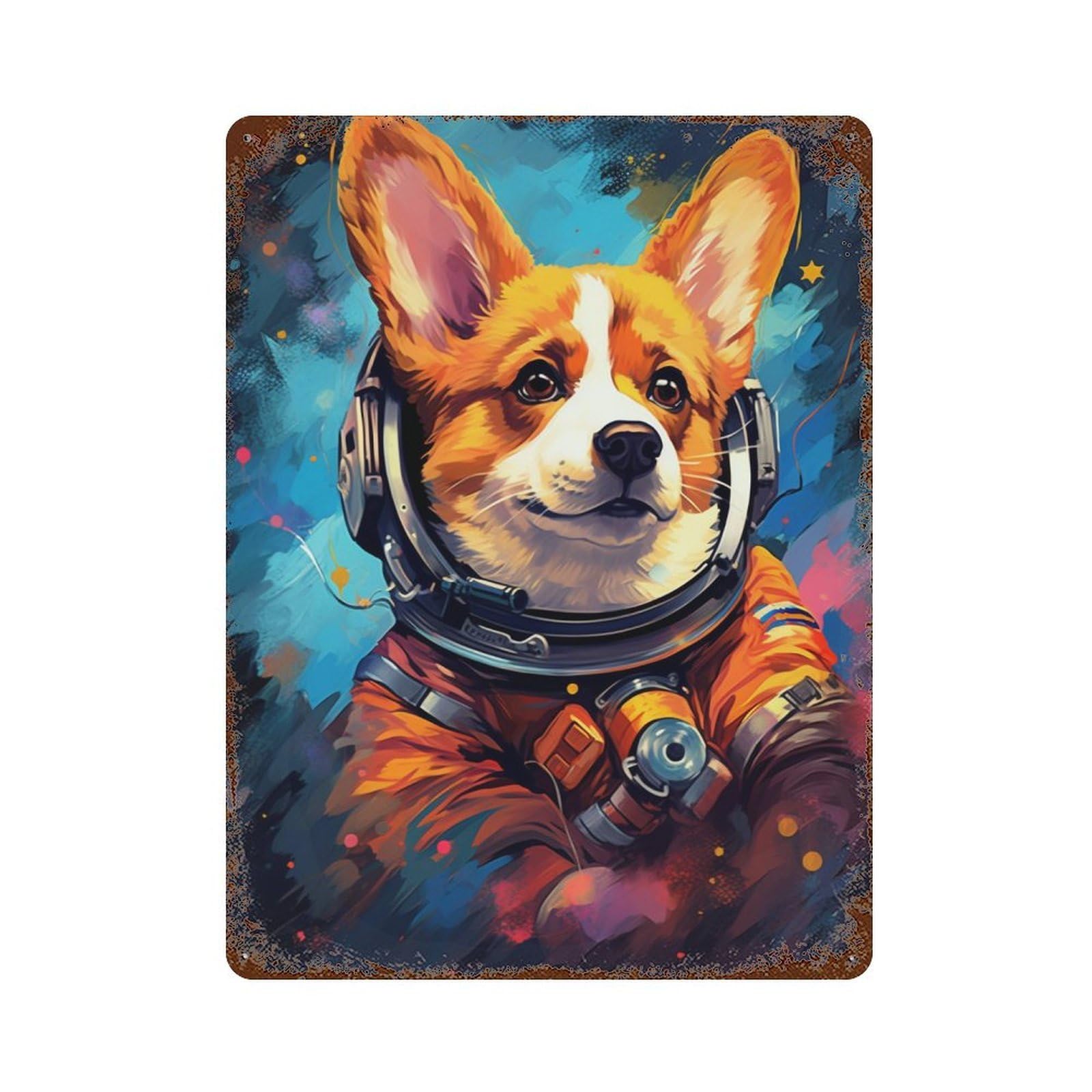 Corgi Astronaut Space Suit-1 Rust Effect Tin Sign 15.7"x11.8", Vintage Wall Decor for Bistro, Counter And Cafe Decor