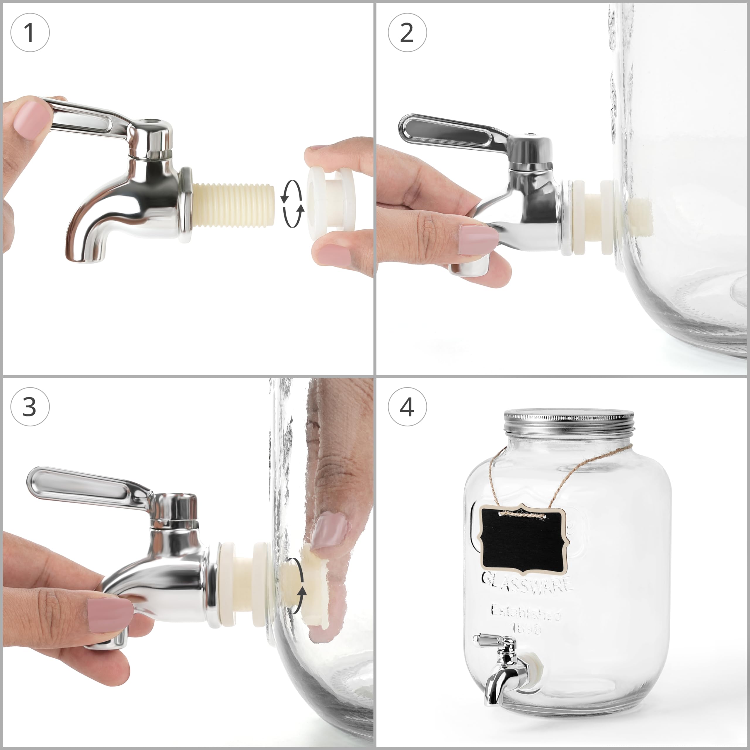 Winter Shore Distributore Bevande in Vetro da 3,8L con Supporto [Set da 2] - Dispenser Bevande in Materiali Alimentari e Senza BPA per Succo, Tè - 2 Dispenser con Rubinetto e 2 Etichette in Legno
