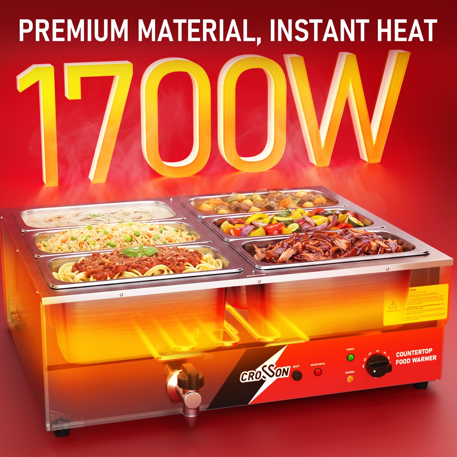 CROSSON Scaldavivande Elettrico bagnomaria Professionale con 6 Vaschette GN 1/3 in Acciaio Inox, Rubinetto di Scarico, Temperatura Regolabile, 1700W/230V, per Buffet, Ristoranti e Catering