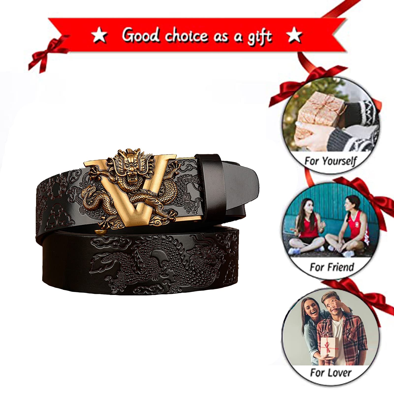 Herren Ratschen Gürtel, Automatik Ledergürtel Kürzbar mit automatischem Schnallen Geschnitztes Gold Drachen Gürtelschnalle für Jeans Anzug Hose(130cm/waist:45", Dragon~A)