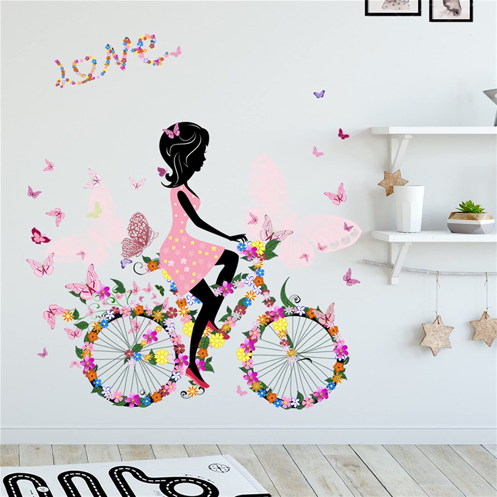 Adesivi ​Murali Ragazza che guida un autoadesivo da muro della bicicletta for le ragazze della camera da letto della camera da letto decorazione della camera da parati della carta da parati rosa del c