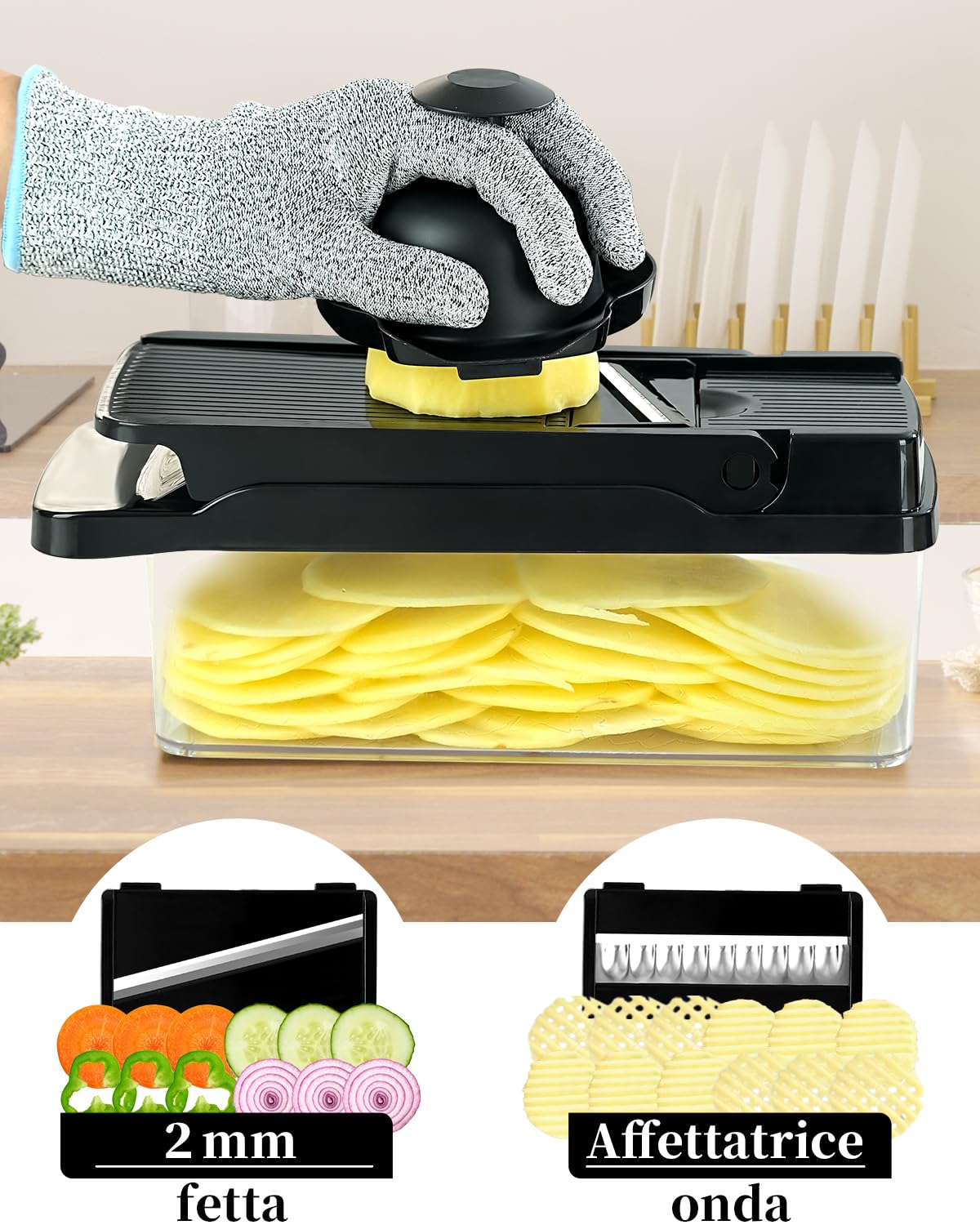Mandolina per Verdure Professionale,Affettaverdure e Mandolini da Cucina Manuale Multifunzione,Lame Affilate Intercambiabili in Acciaio inox,Tagliare Verdure e grattugiare,nero.