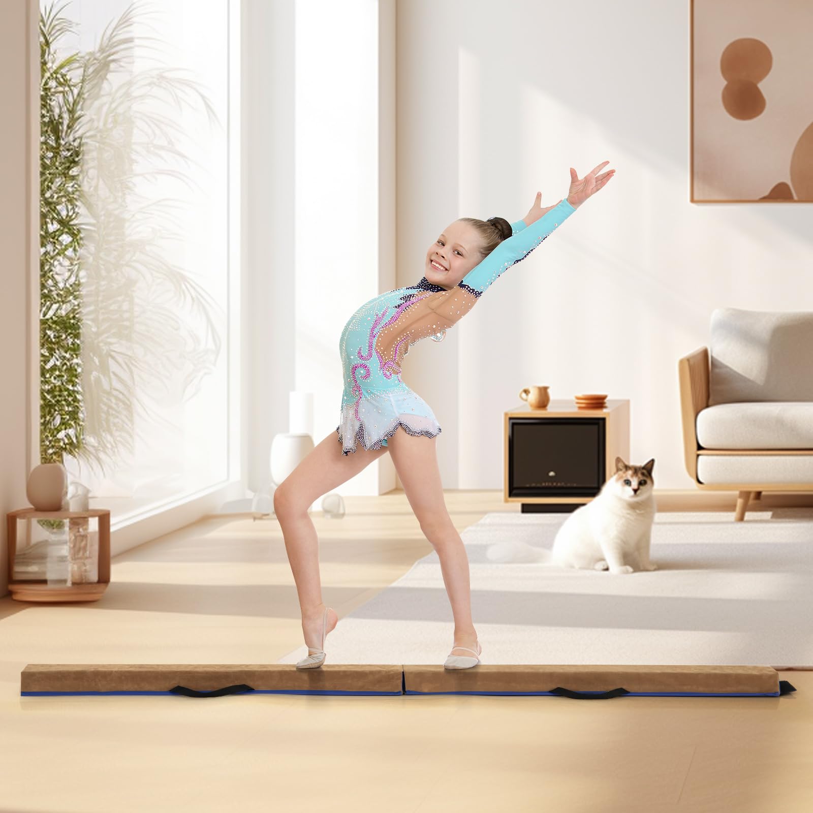 GOPLUS 240cm Poutre Gymnastique Pliable, Poutre Gymnastique Enfants et Adultes, EVA+EPE, 2 Poignées, 6,5cm d'épaisseur, Entraînement de Gymnastique à Domicile