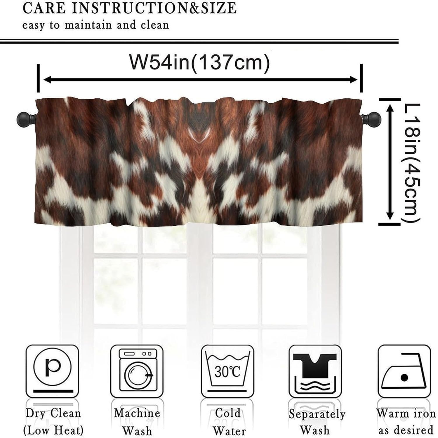 Cow Print Kitchen Valance Curtain Vintage Farmhouse Western White Brown Cowhide Table Decorations Rustic Window Treatment for Living Room Bedroom Dining Room 54x18In