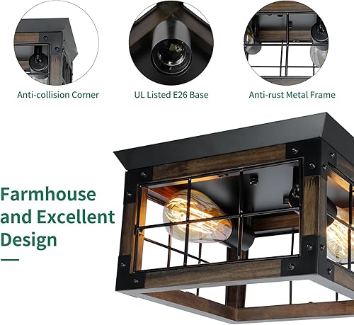 Miniatura 8 de JHLBYL Lámpara de techo de madera de granja, metal negro rústico cerca del techo con 4 enchufes E26 Blub, luces de porche al aire libre para cocina,