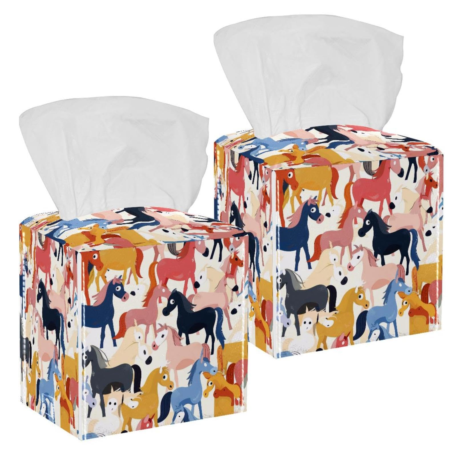 Cartoon Horses Tissue Box Cover, 2 Pack PU Leather Square Facial Tissue Dispenser Box holder for Home Office Car