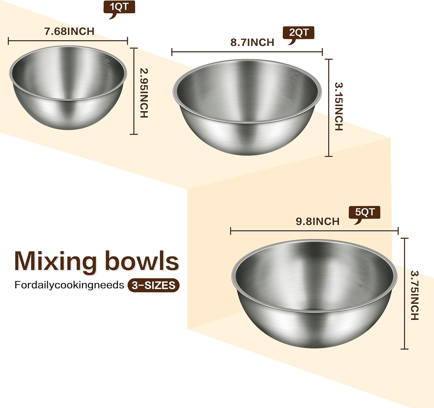3-Piece Stainless Steel Mixing Bowls Set with Laser-Etched Measurement Marks, 2.4, 3.2 & 4.9 Qt, Food Grade 304, Dishwasher Safe & Stackable for Baking, Salad Tossing, Meal Prep - Image 3