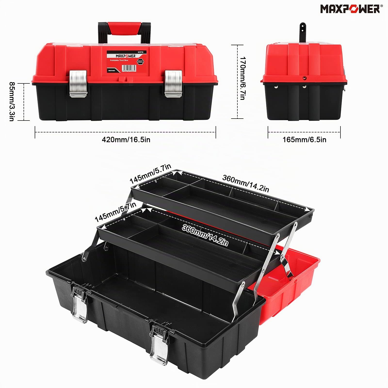 MAXPOWER Werkzeugkoffer leer, Werkzeugkiste groß mit 3 Laden, Werkzeugkasten 42 x 18 x 17 cm mit Metallverschluss, Werkzeugbox aus schlagfestem Kunststoff für Hobby, Heimwerker