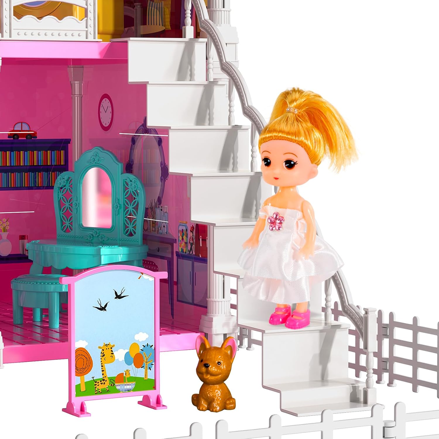 TEMI Villa Toys for 3 4 5 6 7 8 Years Old Girls - 4 Storeys 10 Rooms, Indoor Playset with 2 Dolls Figures, Furniture and Accessories, Pretend Girls Plays, Building Toys, Gifts