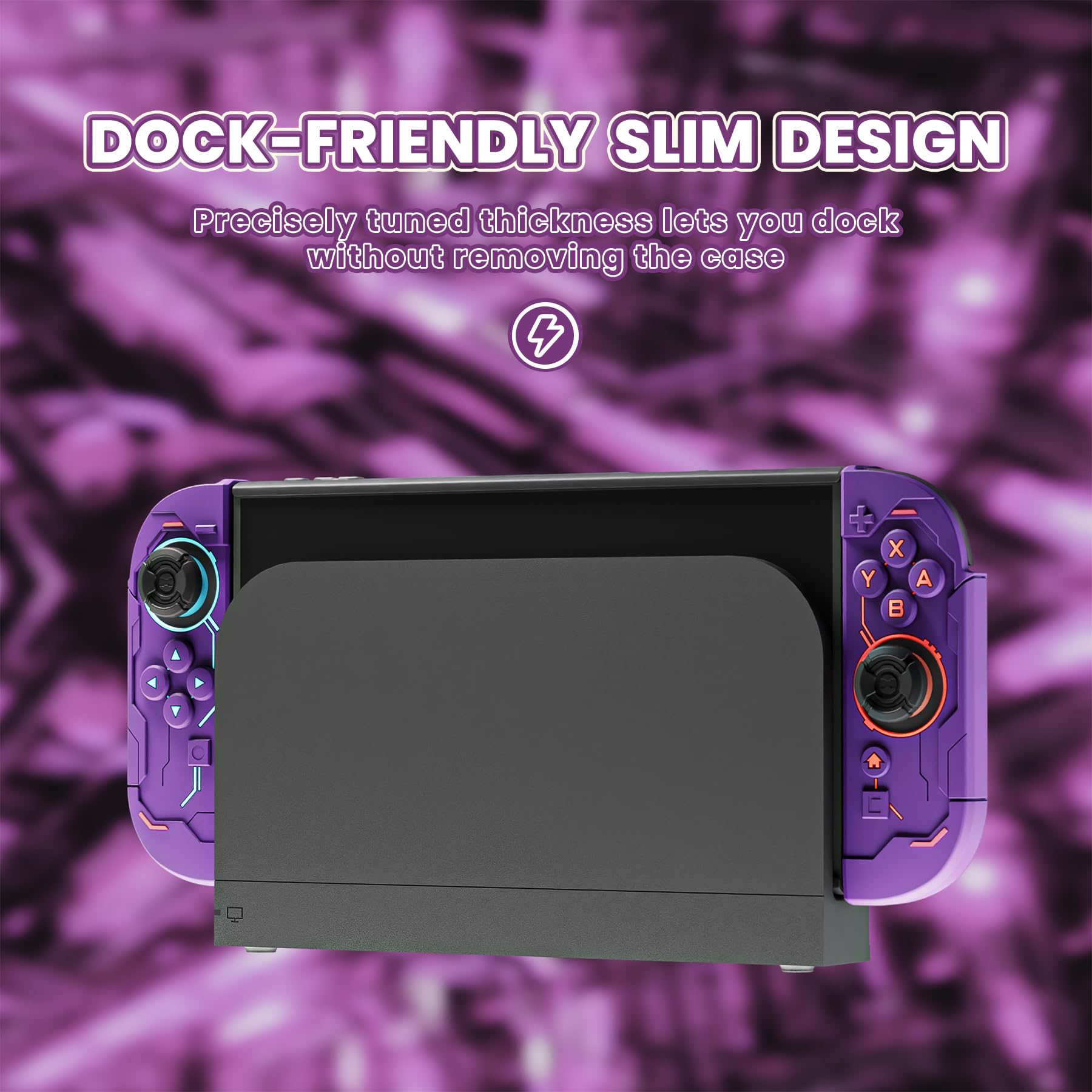 PlayVital Protective Case for Nintendo Switch 2, Stellar Mecha Ergonomic Anti-Slip Silicone Grip Cover, Dockable Hard Case Shell for Switch 2 with Joystick Cap & Sticker - Smoky Purple - 2