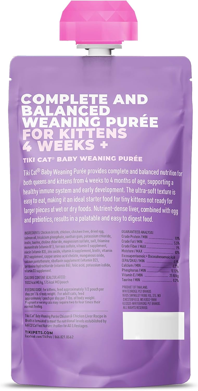 Tiki Cat Baby Weaning Puree Wet Cat Food, Chicken, 6 oz. Spout Pouch (6 Count)